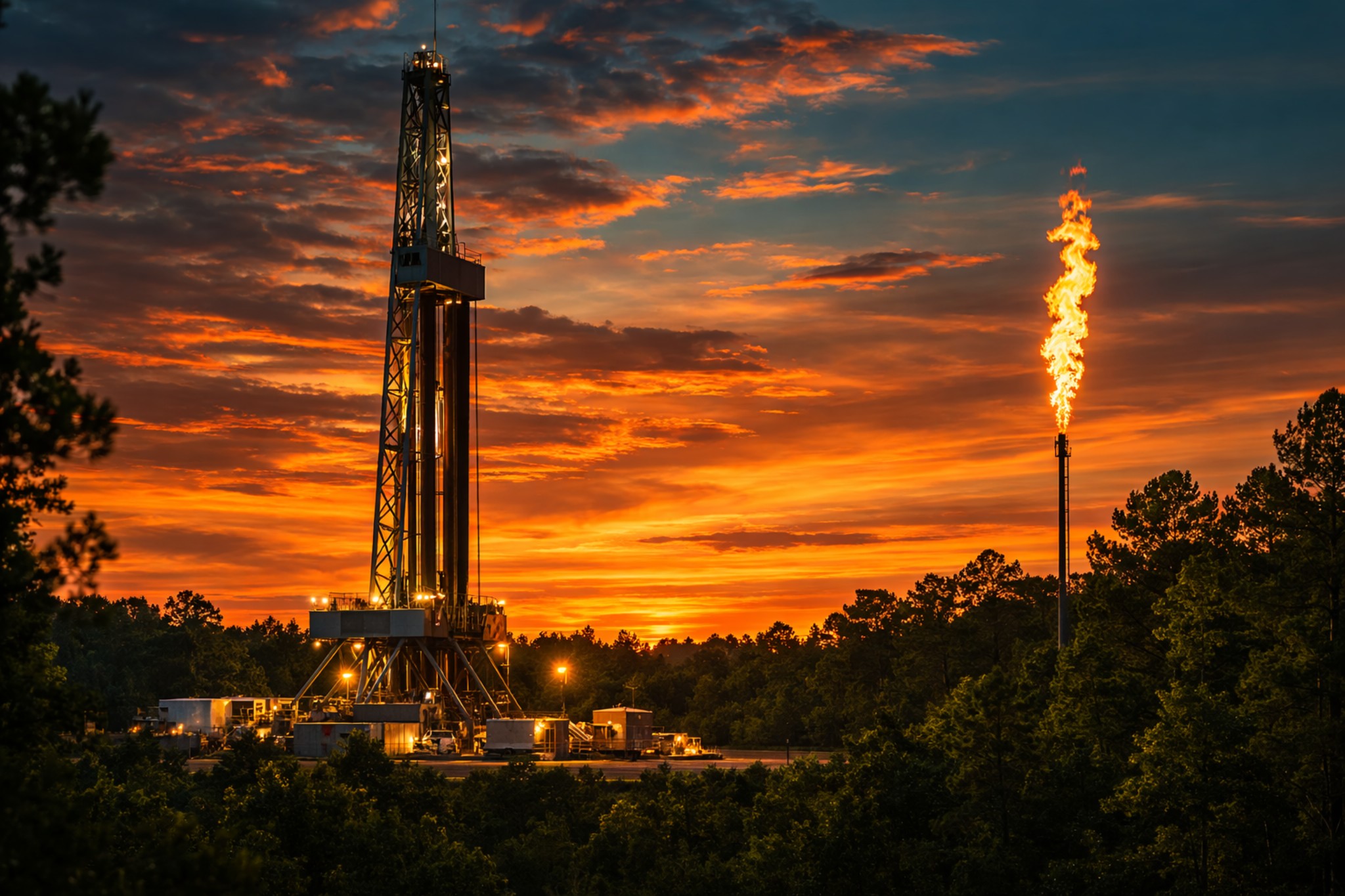 East Texas drilling rig and flare at sunset, representing operated development, field execution, and production-linked project growth for Petralis.