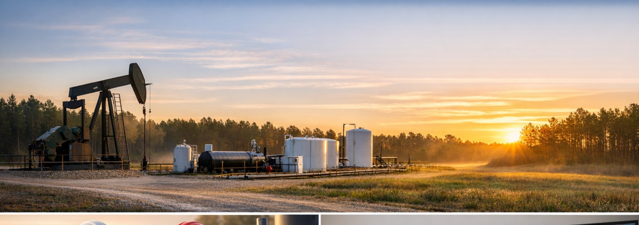 Panoramic East Texas production location with pumpjack, tanks, and facilities at sunrise.