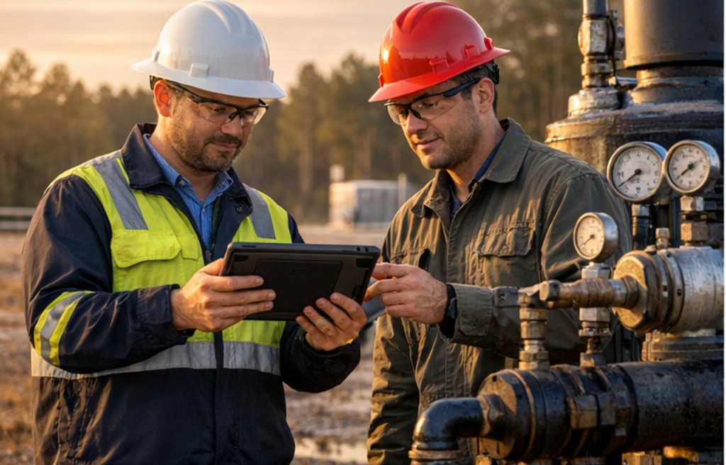 Two field professionals reviewing tablet data beside production equipment during an on-site East Texas operations check.